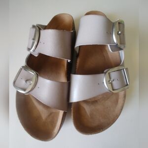 Double-Buckle Slide Sandals in Dove Gray. Size 8